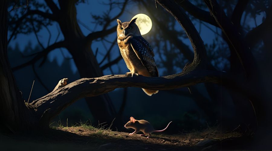 Predator burung hantu mengamati mangsanya di lingkungan alam, sebuah contoh interaksi predasi.