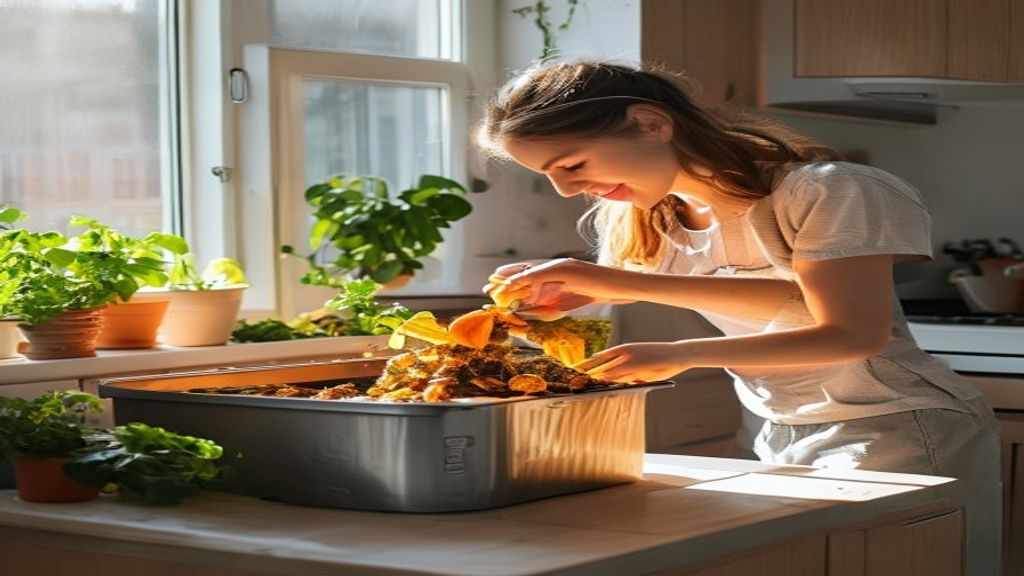 Compact kitchen corner with sleek countertop compost bin, fresh veggie scraps, and a guide to apartment composting.