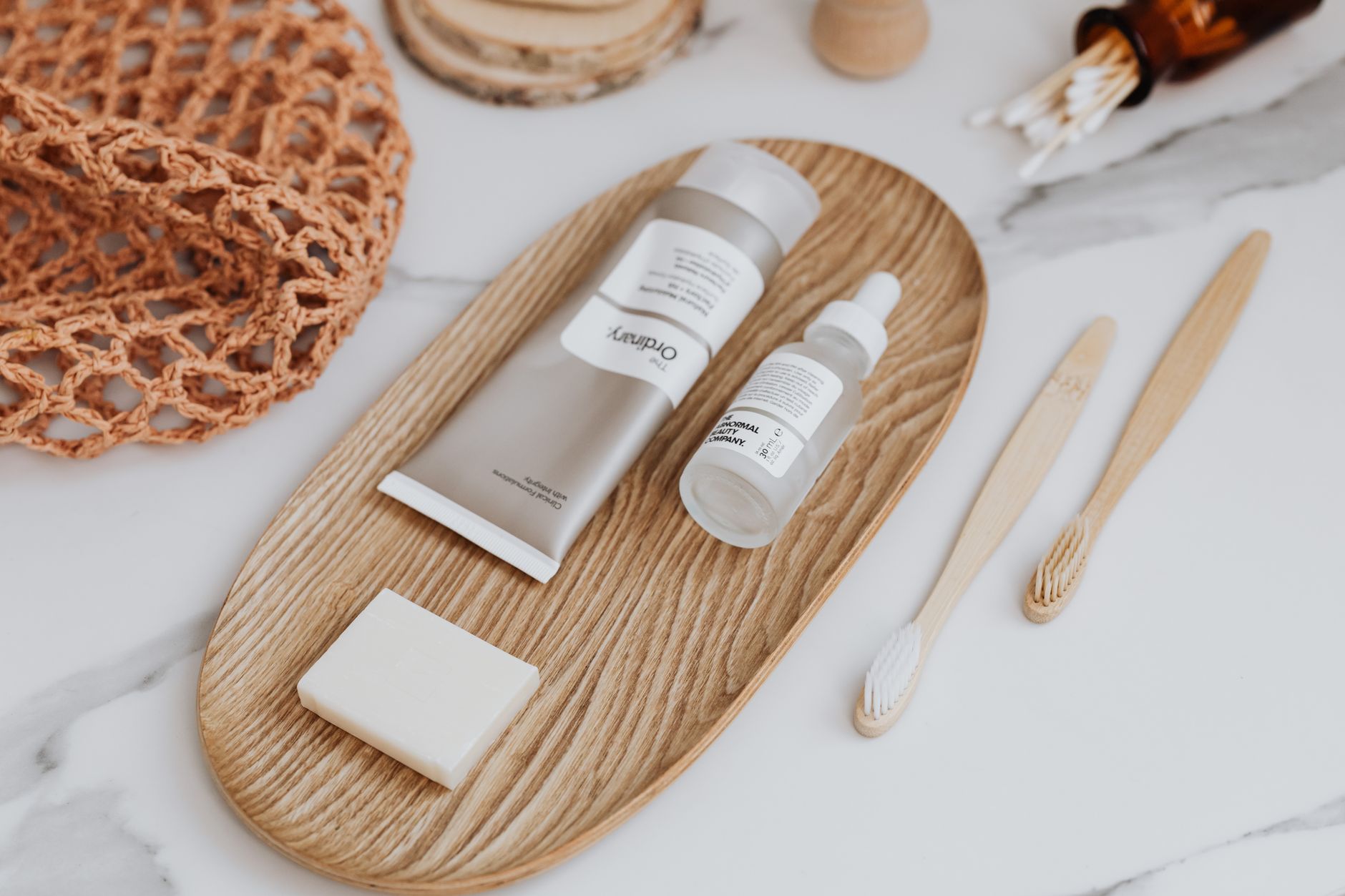 Biodegradable skincare products in natural packaging, highlighting eco‑friendly ingredients and sustainable beauty routine.